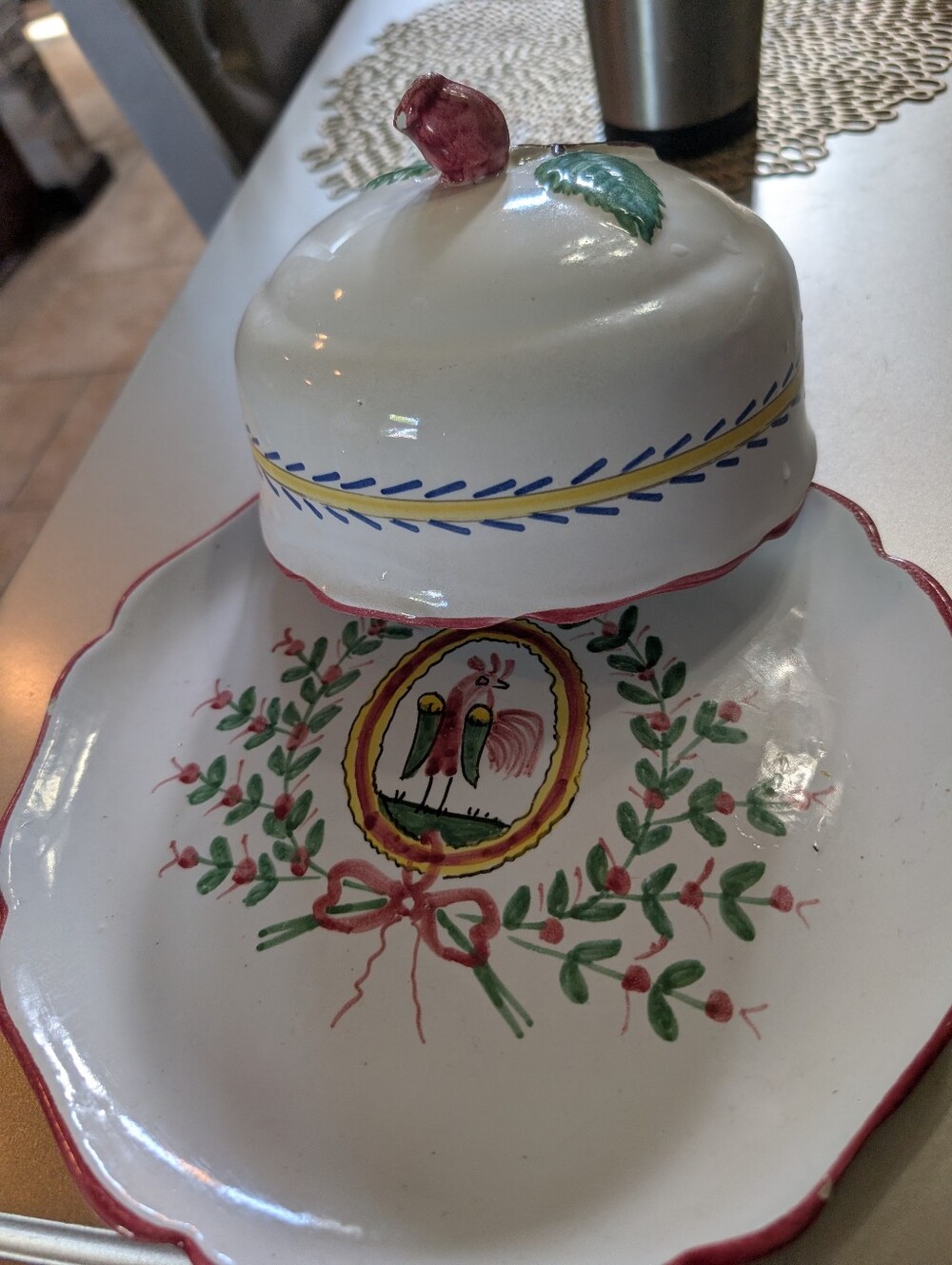 Hand-Painted Ceramic Butter Dish with Floral & Rooster Motif - White